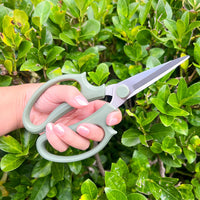 Hand holding green gardening shears against a green bush  by House of Agave.