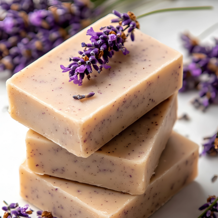 Stack of lavender soap bars with fresh lavender flowers on a light background at House of Agave.