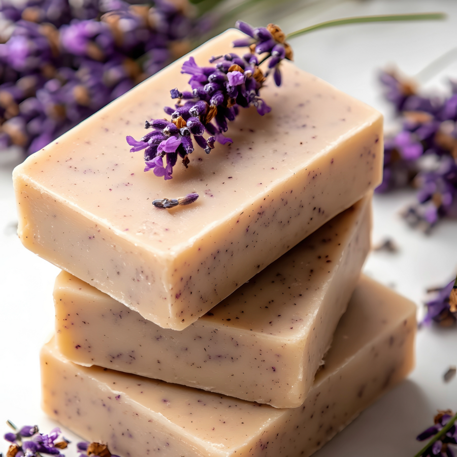 Stack of lavender soap bars with fresh lavender flowers on a light background at House of Agave.
