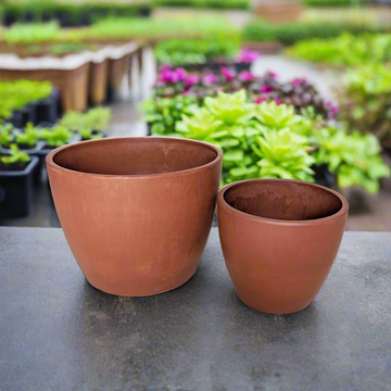 Two terracotta pots in a plant nursery background at House of Agave.