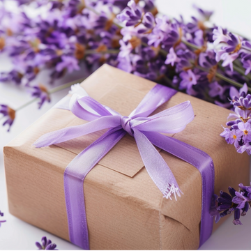 Gift box with a purple ribbon surrounded by lavender flowers on a light background by House of Agave.