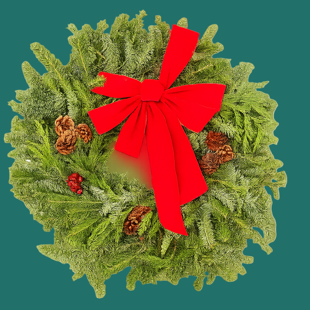 Christmas wreath with a red bow on a white background