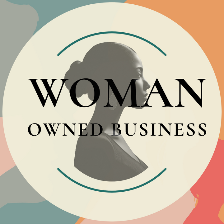 Logo with silhouette of a woman and 'Woman Owned Business' text on a colorful background